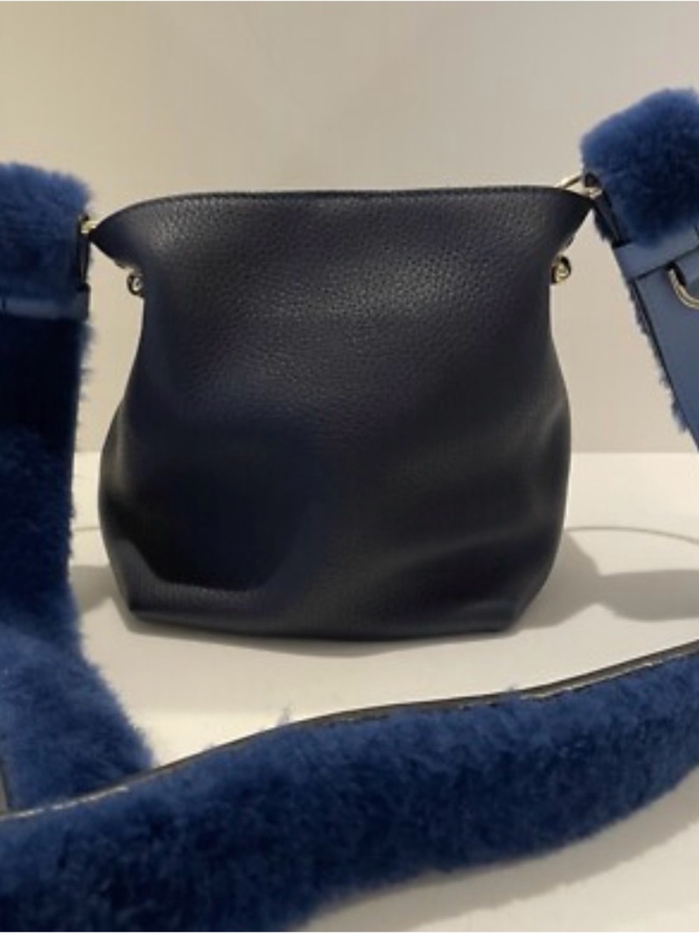 Strathberry Nano Lana Navy Leather Crossbody with Blue Faux Fur Strap
